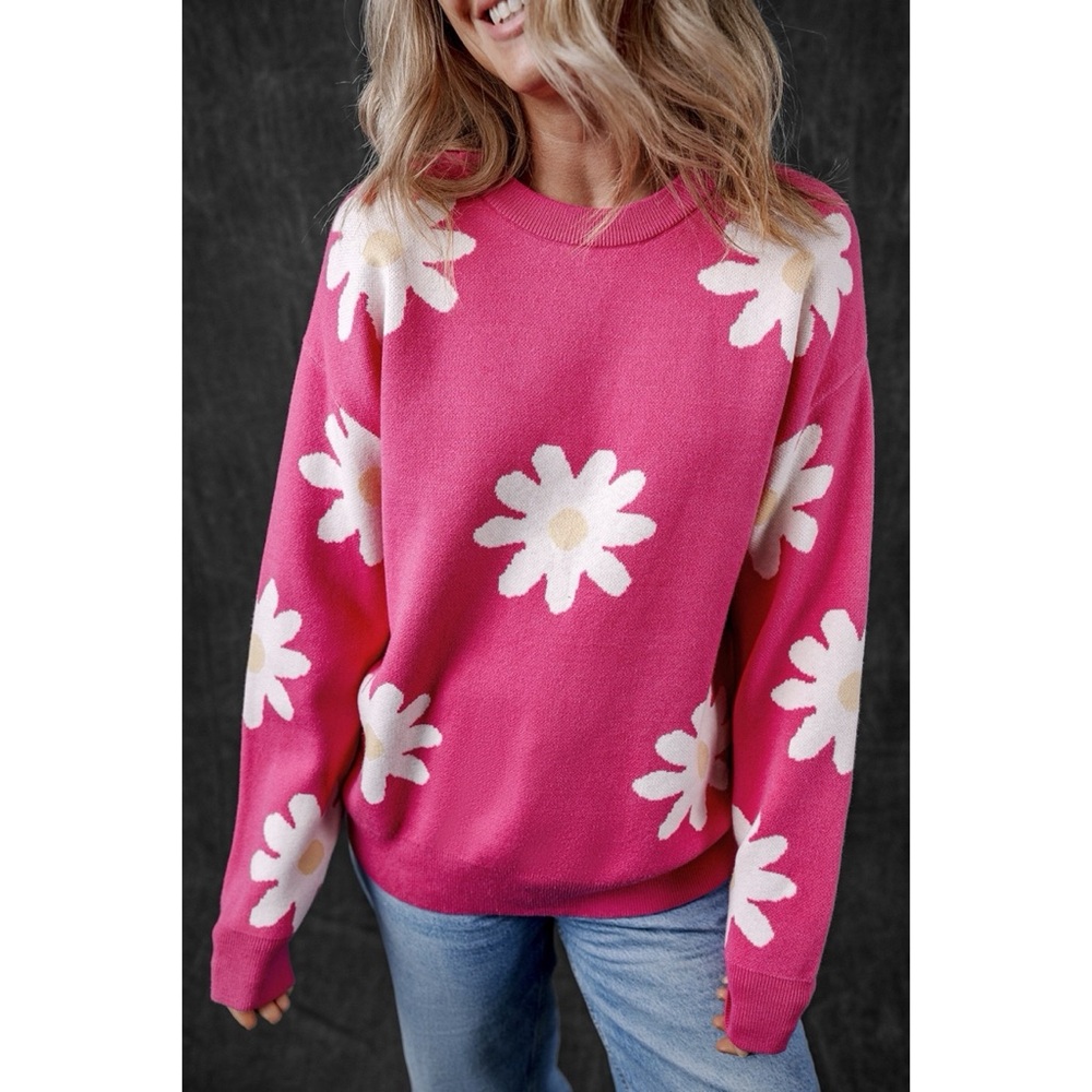 New Daisy Floral Round Neck Dropped Shoulder Sweater Hot Pink